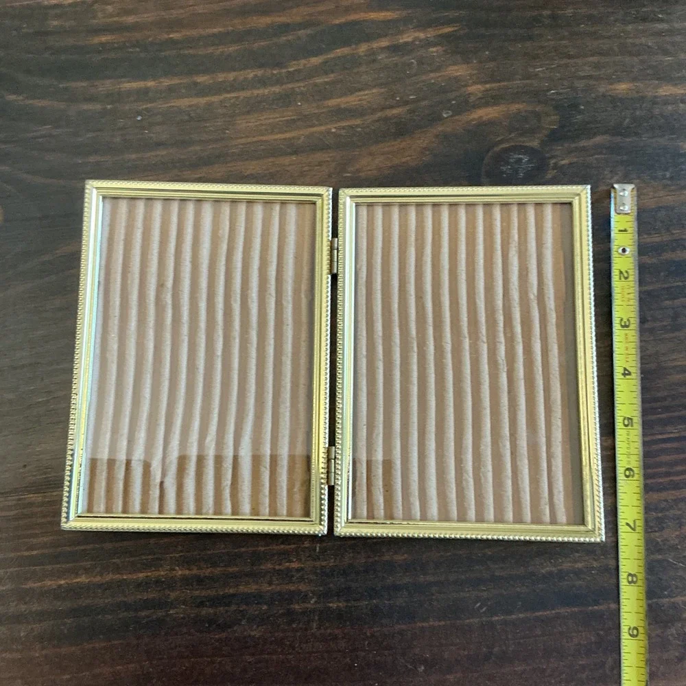 Vintage Gold Beaded Double Hinged Picture Frame 5x7 Folding‎ Metal Bi-Fold